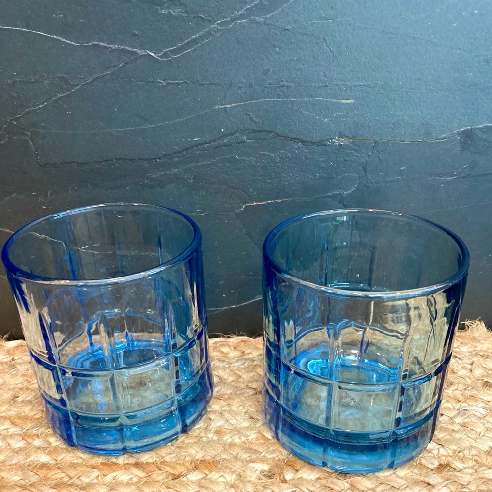 2 Cobalt Blue Tartan Old Fashioned Glasses